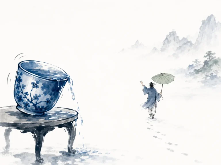 Antique bronze vessel filled precisely to balance beside a single blossoming branch in sparse literati ink wash with balanced composition, illustrating knowing when to stop before reaching destructive excess on ChiDestiny