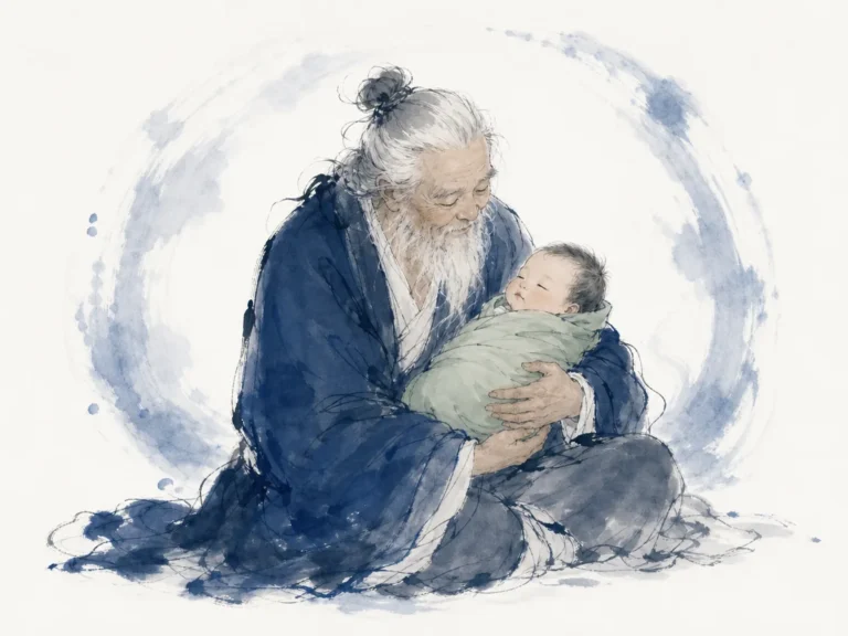 Sleeping newborn nestled in soft swaddling beside a quiet window overlooking misty bamboo shoots in gentle monochrome ink tones, illustrating embracing primal wholeness and cultivating unforced virtue on ChiDestiny
