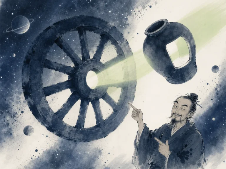 Wheel hub with radial wooden spokes revolving around an empty central axle hole in structured yet expressive Chinese ink drawing, illustrating the practical utility found within emptiness and non-being on ChiDestiny