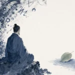 Individual closing eyes amidst swirling colorful neon blurs to touch a cool uncarved river stone in ink wash contrasting calm monochrome core with energetic brush blurs, illustrating centering attention upon inner substance rather than sensory dazzle on ChiDestiny