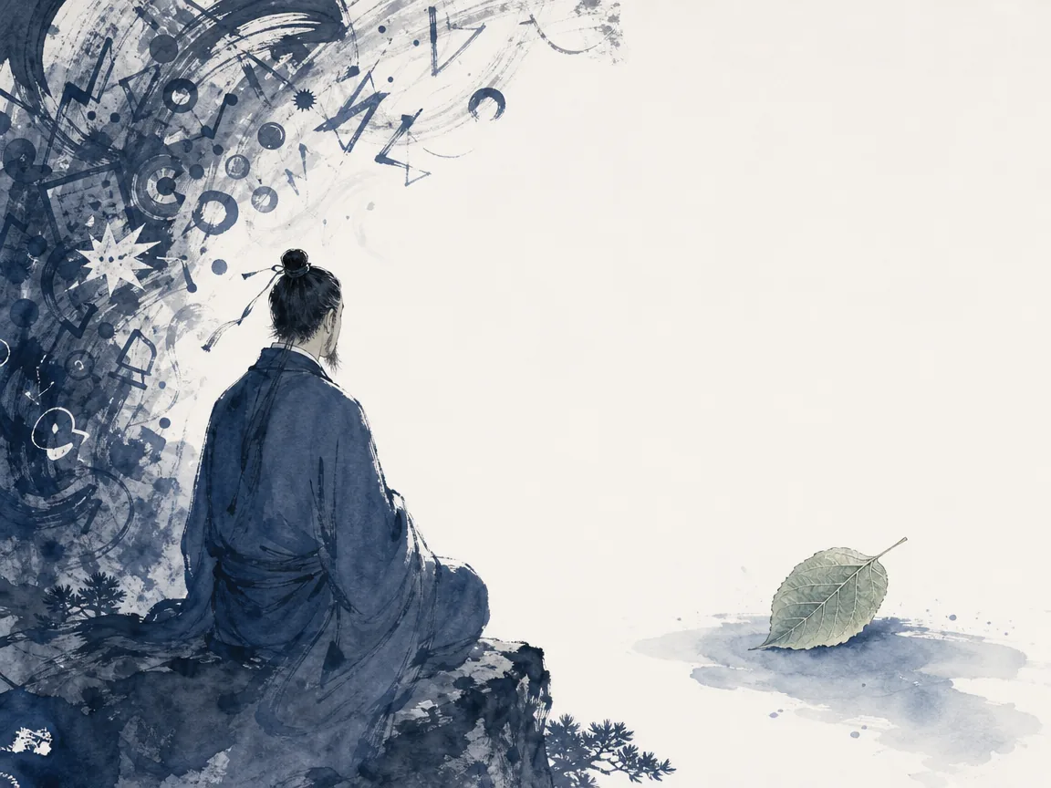 Individual closing eyes amidst swirling colorful neon blurs to touch a cool uncarved river stone in ink wash contrasting calm monochrome core with energetic brush blurs, illustrating centering attention upon inner substance rather than sensory dazzle on ChiDestiny