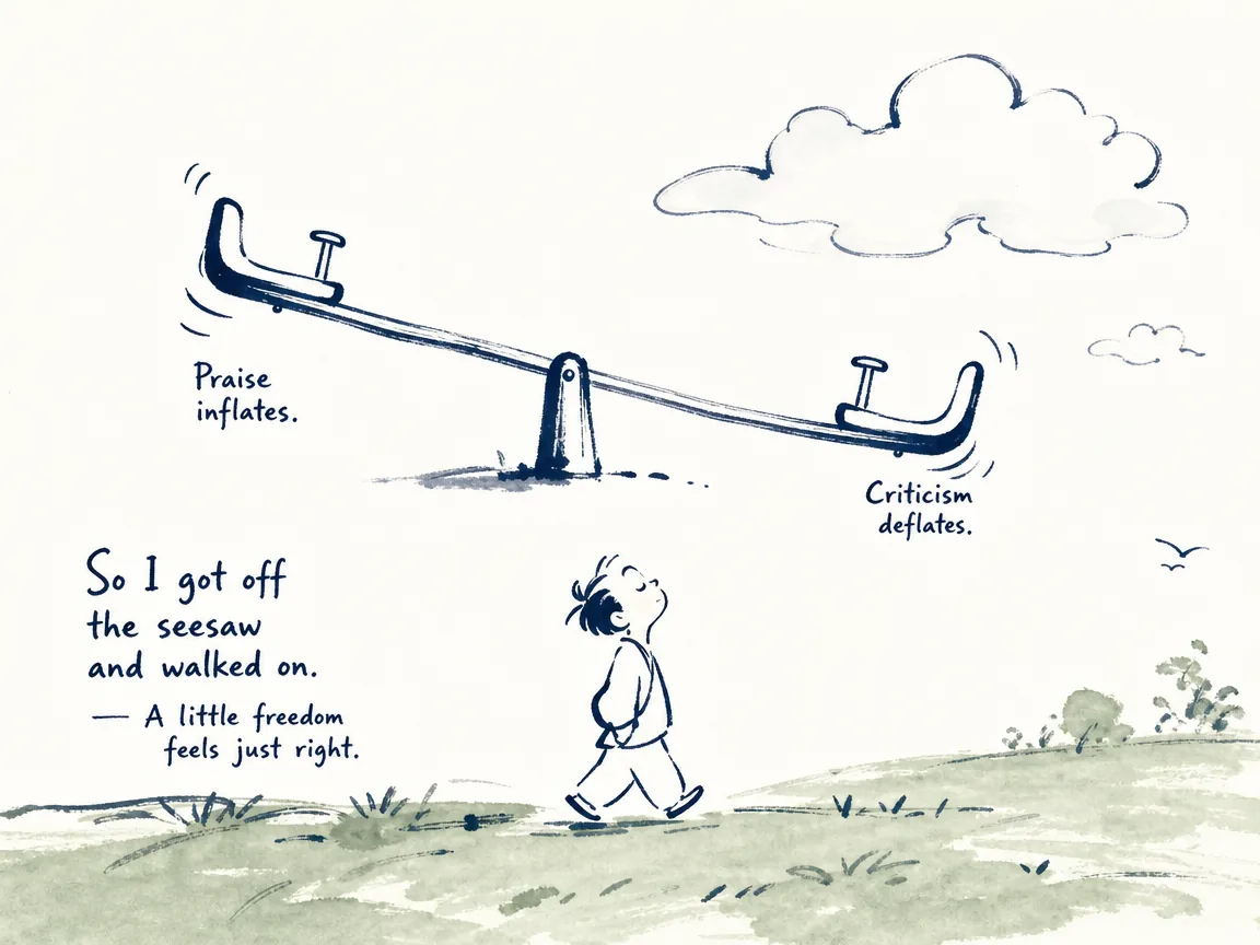 Traveler walking upright with calm posture along high ridge indifferent to applauding or jeering shadows in anchored Chinese literati landscape painting, illustrating freeing oneself from anxiety caused by attachment to status and gain on ChiDestiny