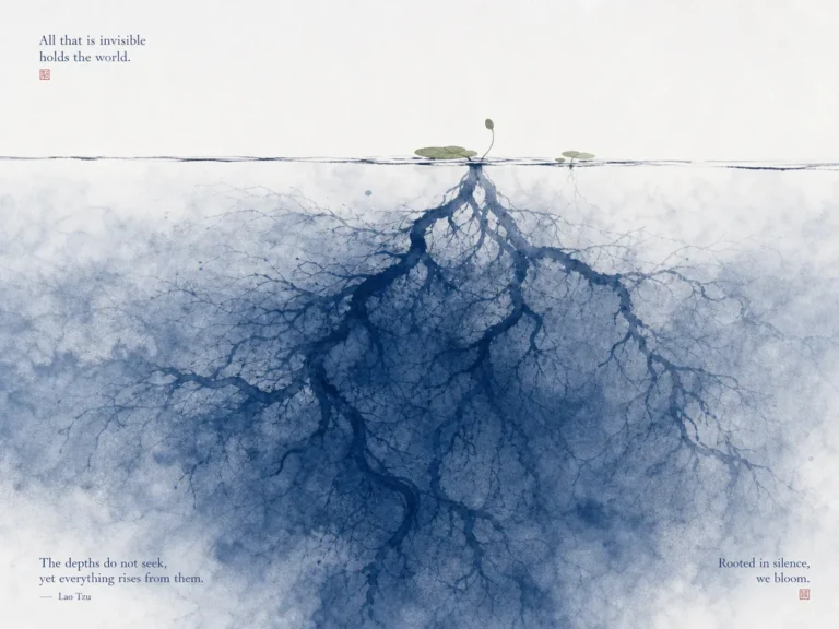 Subtle misty lake surface where hidden currents guide floating bamboo leaves without splash in atmospheric gradient wash with soft evocative edges, illustrating aligning with intangible forces that govern visible outcomes on ChiDestiny