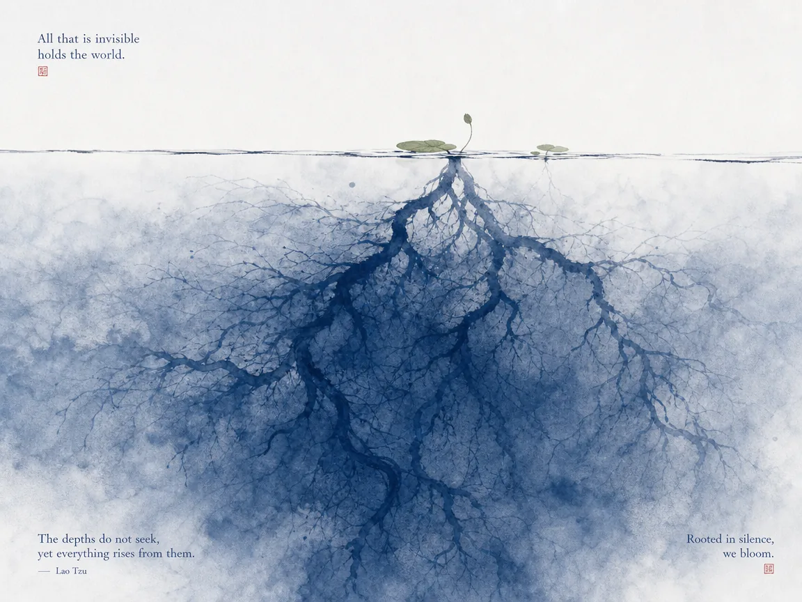 Subtle misty lake surface where hidden currents guide floating bamboo leaves without splash in atmospheric gradient wash with soft evocative edges, illustrating aligning with intangible forces that govern visible outcomes on ChiDestiny