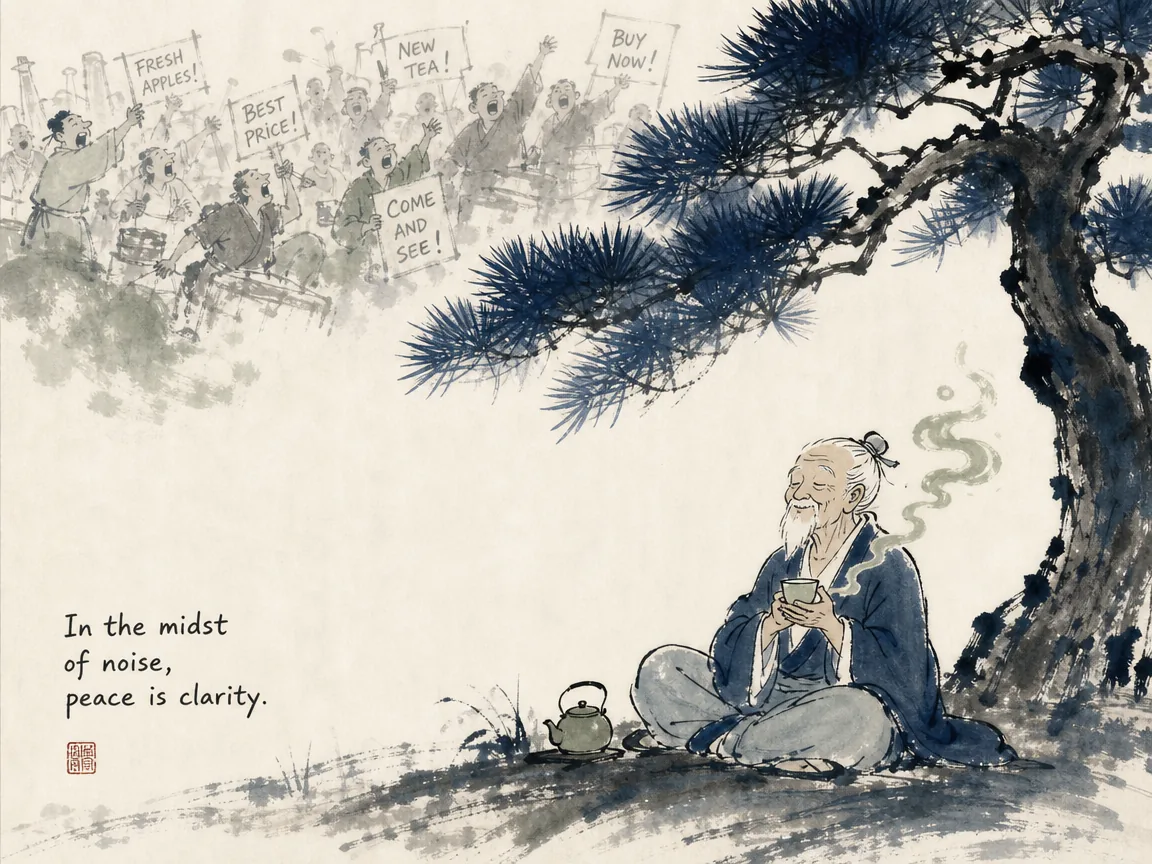 Wise figure standing quietly in snowfall with serene smile while loud market haggling fades behind in peaceful classical ink wash with falling snow negative space, illustrating the dignity of silence and measured pacing in a culture of performative display on ChiDestiny