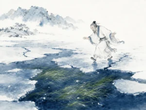 Ancient wanderer carefully crossing frozen winter stream with ice beginning to thaw into clear water in contemplative classical landscape ink art, illustrating the watchful caution, quiet stillness, and fluid adaptability of ancient masters on ChiDestiny