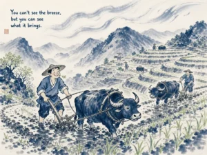 Master teacher watching from distant hillside as students joyfully solve problems together below in panoramic Chinese ink landscape with warm atmosphere, illustrating subtle guidance that cultivates genuine team self-reliance on ChiDestiny