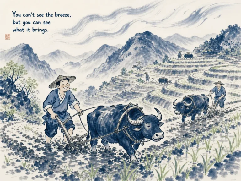 Master teacher watching from distant hillside as students joyfully solve problems together below in panoramic Chinese ink landscape with warm atmosphere, illustrating subtle guidance that cultivates genuine team self-reliance on ChiDestiny