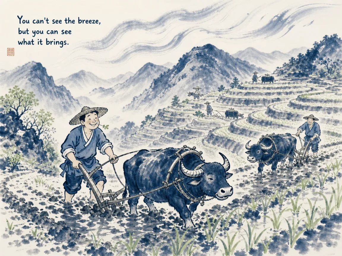 Master teacher watching from distant hillside as students joyfully solve problems together below in panoramic Chinese ink landscape with warm atmosphere, illustrating subtle guidance that cultivates genuine team self-reliance on ChiDestiny