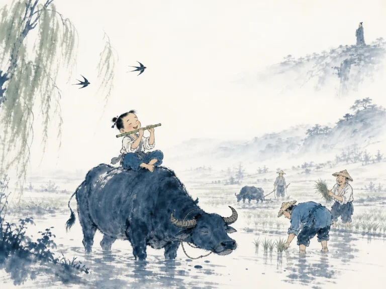 Tranquil countryside village with farmers tending terraced fields unaware of the benevolent ruler far away in panoramic classical Chinese ink landscape, illustrating the highest leadership that acts so subtly people say we did it ourselves on ChiDestiny