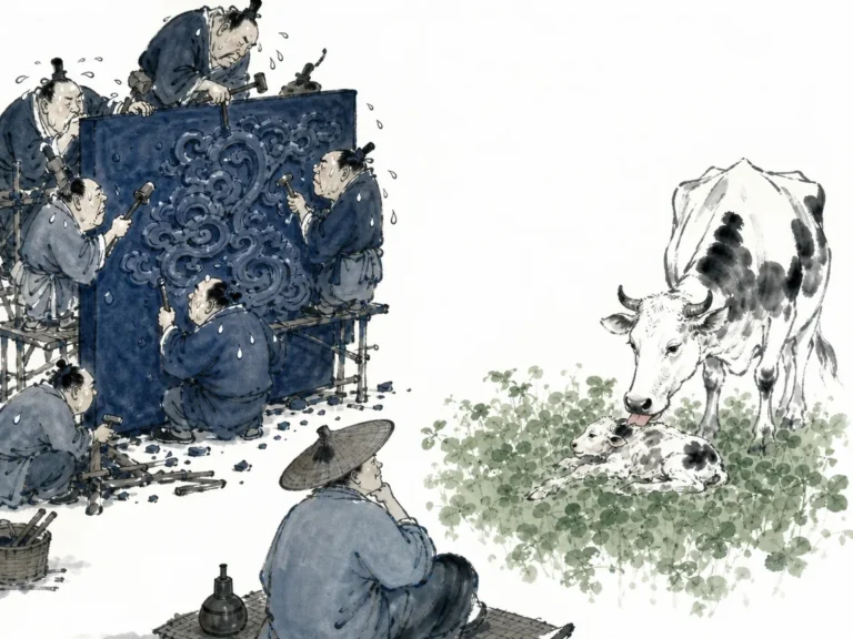 Weathered stone tablet etched with fading moral edicts standing beside wild naturally growing wildflowers in poignant literati brushwork contrasting stone and flora, illustrating the decline into artificial rules when spontaneous natural virtue is forgotten on ChiDestiny