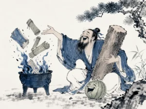 Raw uncut timber block resting on simple woven mat surrounded by fragrant mountain tea leaves in earthy minimalist ink wash, illustrating discarding clever contrivance and embracing uncarved simplicity on ChiDestiny