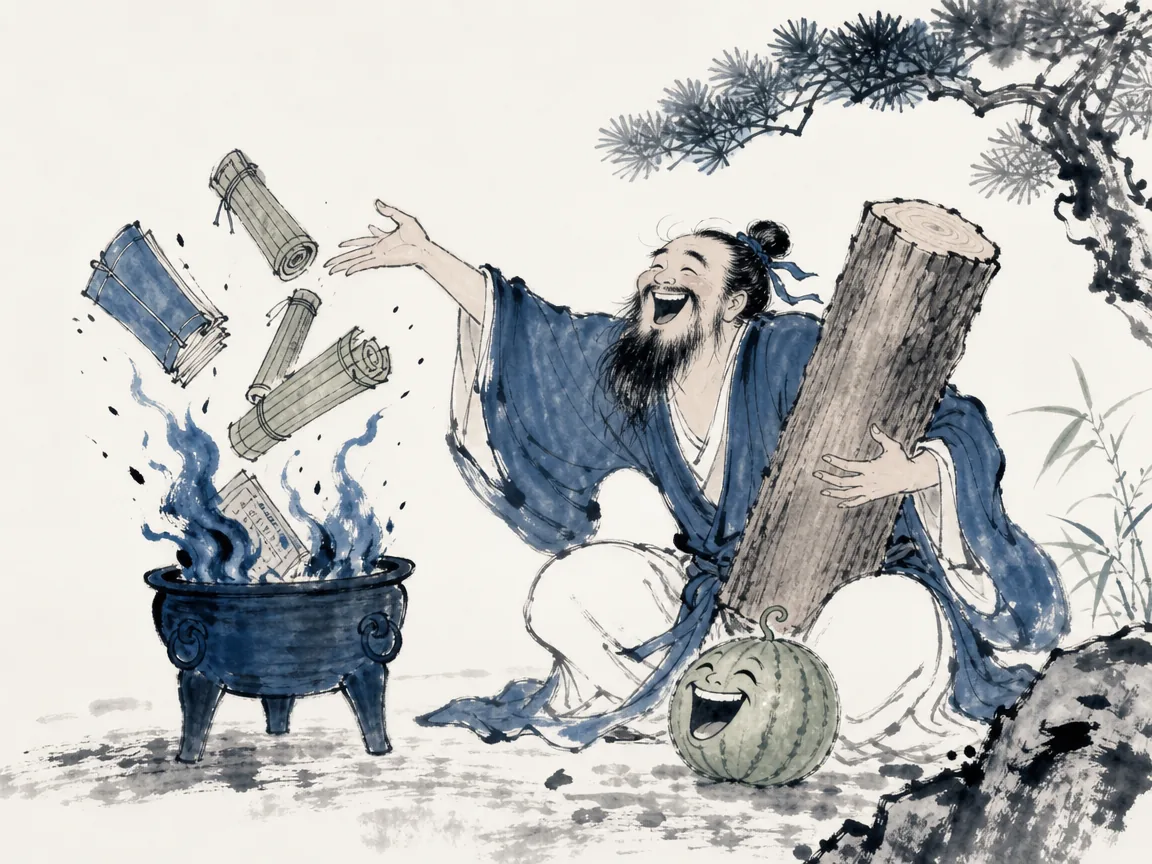 Raw uncut timber block resting on simple woven mat surrounded by fragrant mountain tea leaves in earthy minimalist ink wash, illustrating discarding clever contrivance and embracing uncarved simplicity on ChiDestiny