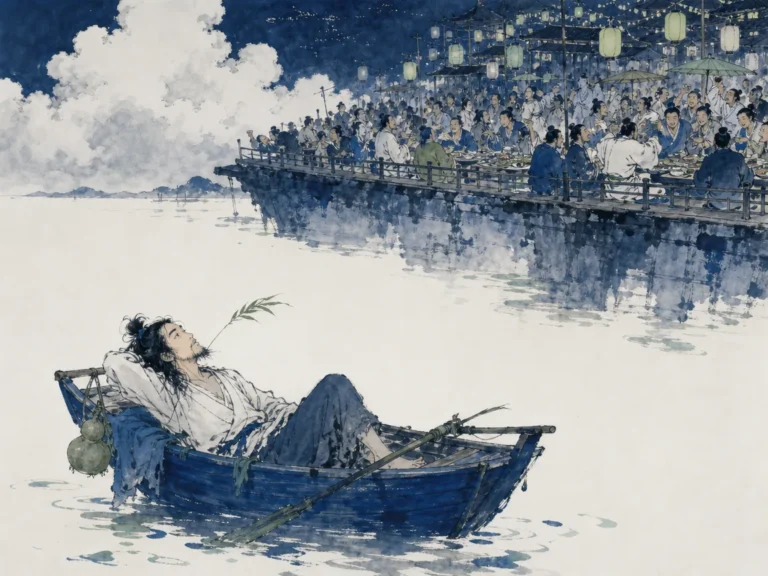 Carefree solitary sage leaning on wooden staff drifting along quiet riverbanks while distant town celebrates in expressive loose ink painting with generous misty negative space, illustrating the solitary wanderer nourished by the cosmic Mother amidst worldly bustle on ChiDestiny