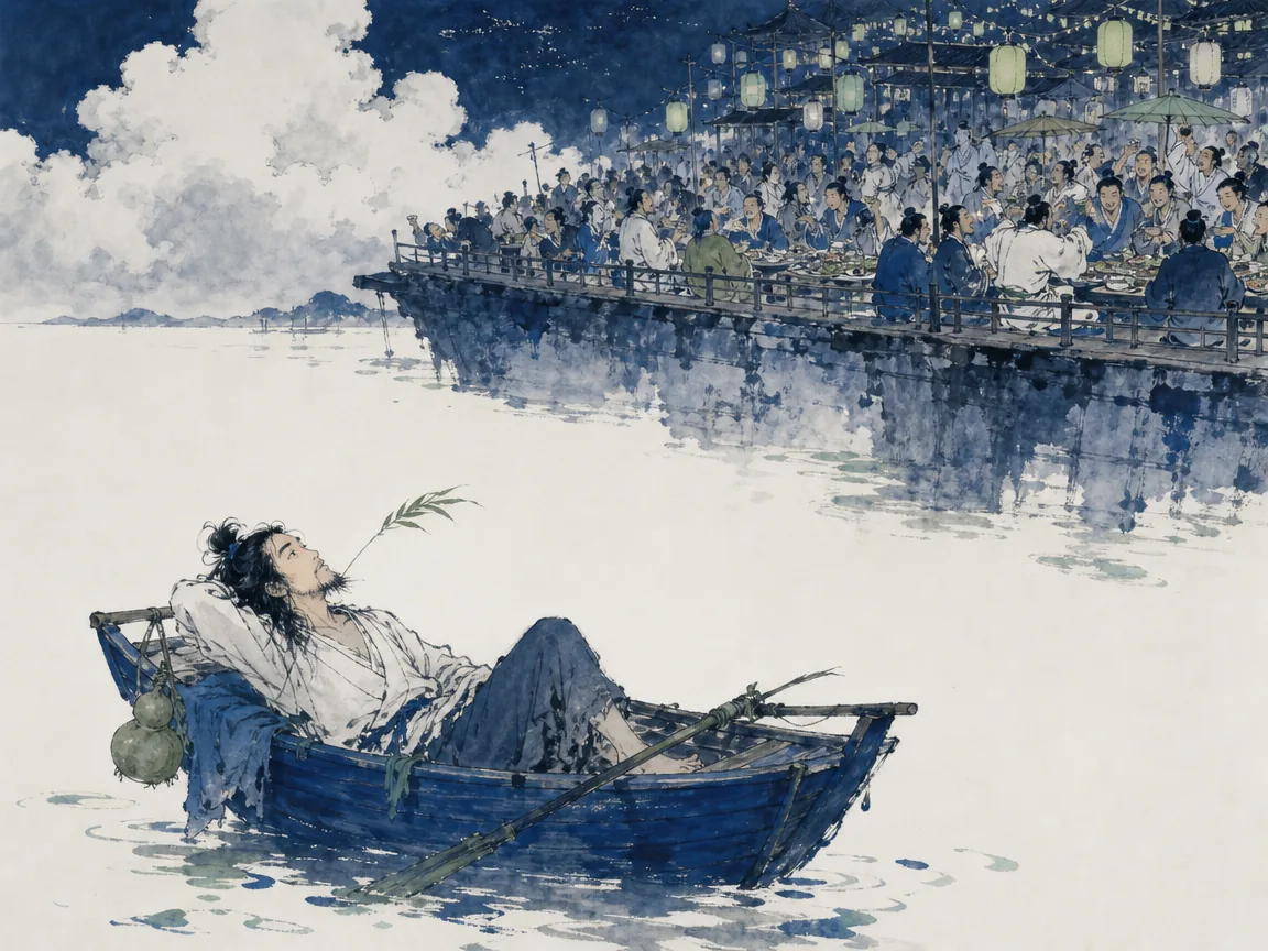 Carefree solitary sage leaning on wooden staff drifting along quiet riverbanks while distant town celebrates in expressive loose ink painting with generous misty negative space, illustrating the solitary wanderer nourished by the cosmic Mother amidst worldly bustle on ChiDestiny