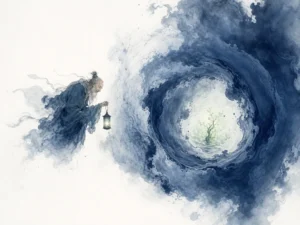 Shimmering moonbeam piercing through misty night water revealing deep luminous current beneath in deep tonal ink wash with glowing void highlights, illustrating the elusive and intangible heart of the Tao containing real image and truth on ChiDestiny