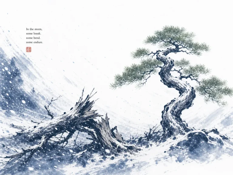 Bent mountain pine sweeping low over cliff edge, enduring centuries of gale winds without breaking in resilient calligraphic ink brushwork, illustrating bending to remain intact and yielding to overcome aggressive pressure on ChiDestiny