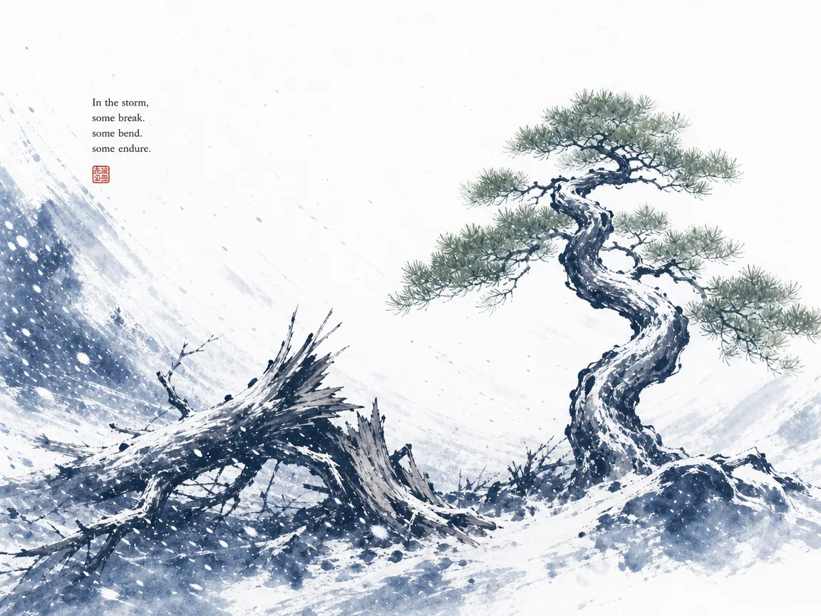 Bent mountain pine sweeping low over cliff edge, enduring centuries of gale winds without breaking in resilient calligraphic ink brushwork, illustrating bending to remain intact and yielding to overcome aggressive pressure on ChiDestiny