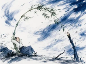 Slender bamboo stalks bending gracefully under heavy mountain snow without snapping in refined Chinese literati ink painting, illustrating yielding to stay whole and bending to stand upright on ChiDestiny