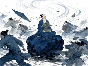 Massive unmoving boulder seated at the base of fluttering bamboo grove overlooking river rapids in grounded dark ink wash with delicate contrasting lines, illustrating the heavy serving as root of the light and stillness mastering agitation on ChiDestiny