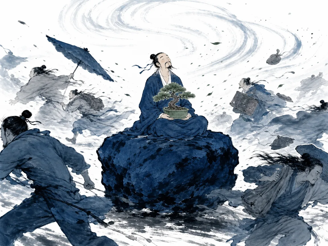 Massive unmoving boulder seated at the base of fluttering bamboo grove overlooking river rapids in grounded dark ink wash with delicate contrasting lines, illustrating the heavy serving as root of the light and stillness mastering agitation on ChiDestiny