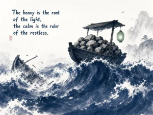 Fast racing chariot swaying precariously over ravine while anchored stone tower stands firm behind in bold ink strokes contrasting motion and unshakeable stillness, illustrating maintaining calm center of gravity amidst high-velocity careers on ChiDestiny