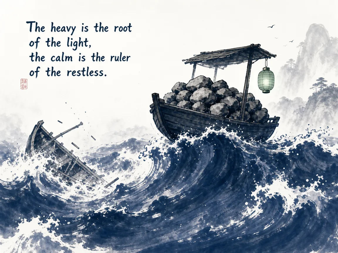 Fast racing chariot swaying precariously over ravine while anchored stone tower stands firm behind in bold ink strokes contrasting motion and unshakeable stillness, illustrating maintaining calm center of gravity amidst high-velocity careers on ChiDestiny