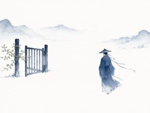 Silent snowy mountain path with no footprints leading to an open welcoming cottage door in pristine white negative space and fine ink outlines, illustrating traveling without leaving tracks and embracing every person without abandonment on ChiDestiny