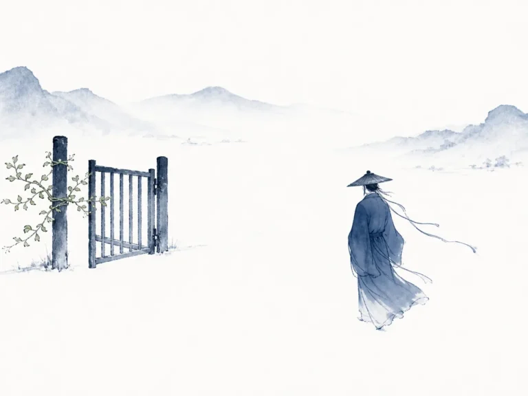 Silent snowy mountain path with no footprints leading to an open welcoming cottage door in pristine white negative space and fine ink outlines, illustrating traveling without leaving tracks and embracing every person without abandonment on ChiDestiny