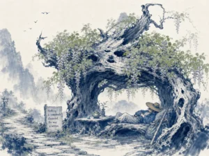 Carpenter gently finding purpose for a crooked weathered branch to support a pavilion roof in heartfelt literati narrative ink art, illustrating recognizing inherent worth in people dismissed as unconventional on ChiDestiny