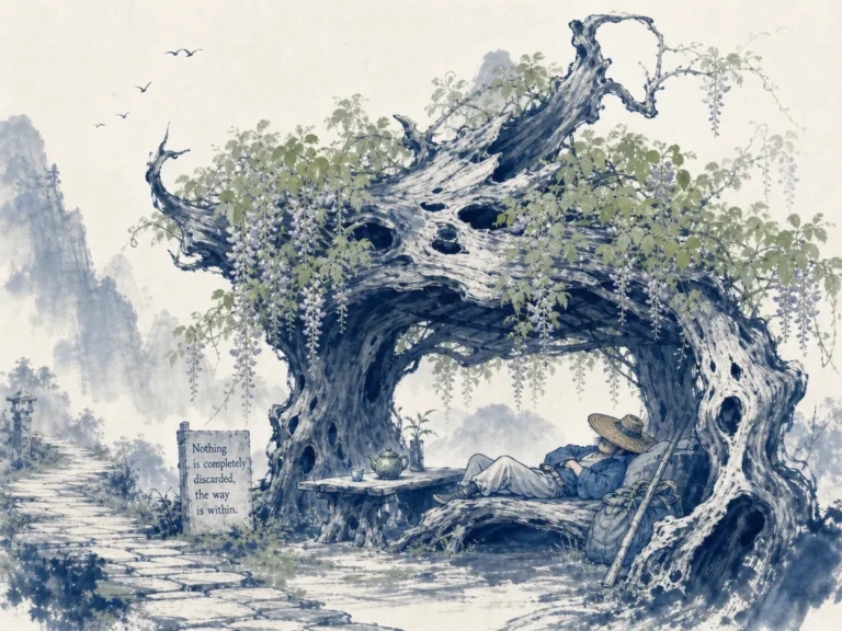Carpenter gently finding purpose for a crooked weathered branch to support a pavilion roof in heartfelt literati narrative ink art, illustrating recognizing inherent worth in people dismissed as unconventional on ChiDestiny