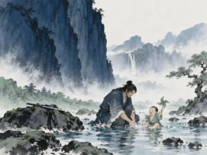 Serene mountain ravine receiving endless rain into quiet shaded pool bordered by wild iris in poetic traditional Chinese landscape wash, illustrating knowing strength while embracing gentleness to become the valley of the world on ChiDestiny