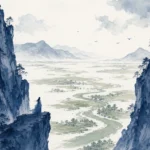 Sturdy bamboo shoot with gentle supple leaves swaying in mountain mist beside ancient fortress wall in harmonious black ink wash with subtle green accents, illustrating integrating assertiveness with deep empathy and receptivity on ChiDestiny