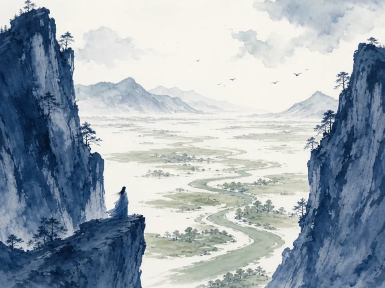 Sturdy bamboo shoot with gentle supple leaves swaying in mountain mist beside ancient fortress wall in harmonious black ink wash with subtle green accents, illustrating integrating assertiveness with deep empathy and receptivity on ChiDestiny