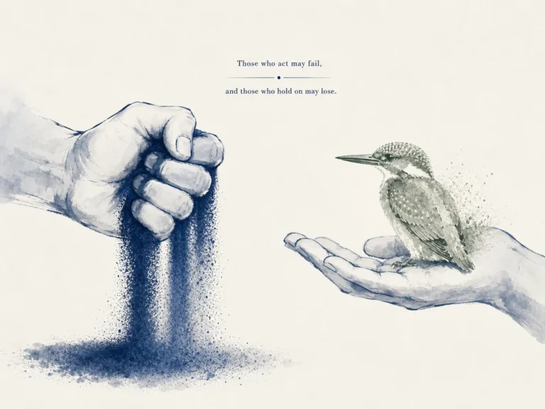 Hands trying desperately to hold handfuls of dry sand as grains slip uncontrollably between fingers in minimalist expressive ink wash focusing on tension and release, illustrating why obsessive micromanagement destroys what it tries to protect on ChiDestiny