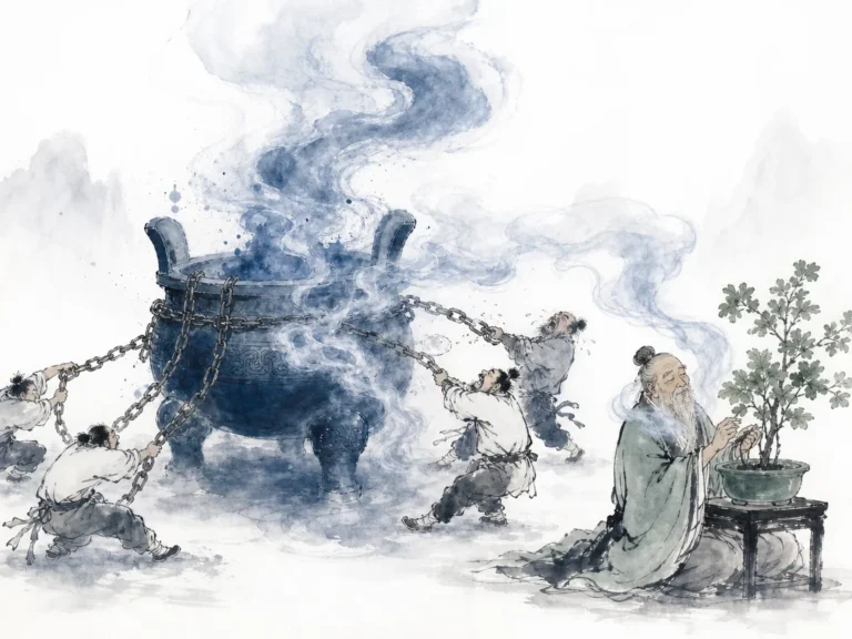 Delicate antique porcelain vase resting safely on natural stone pedestal in misty open pavilion in minimalist ink composition with clean negative space, illustrating the world as a sacred vessel that breaks whenever forced or grasped on ChiDestiny
