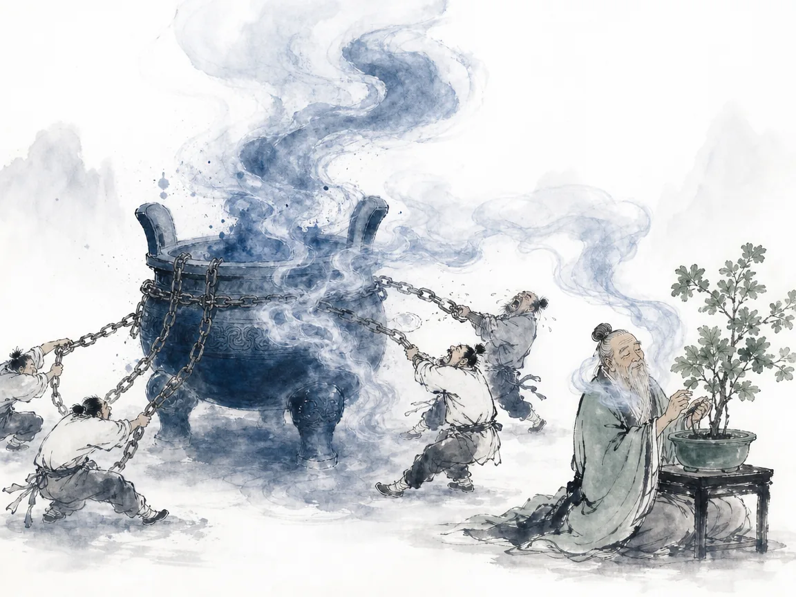 Delicate antique porcelain vase resting safely on natural stone pedestal in misty open pavilion in minimalist ink composition with clean negative space, illustrating the world as a sacred vessel that breaks whenever forced or grasped on ChiDestiny