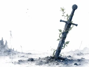 Triumphant banner hanging torn on overgrown battlefield where wild weeds reclaim the earth in sober reflective Chinese ink landscape, illustrating the lingering exhaustion that follows aggressive competition on ChiDestiny