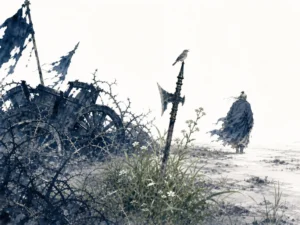 Desolate plain where overgrown brambles and wild thistles sprout among weathered forgotten stones in somber expressive monochrome wash, illustrating moderating aggression and recognizing the bitter aftermath of forceful conquest on ChiDestiny