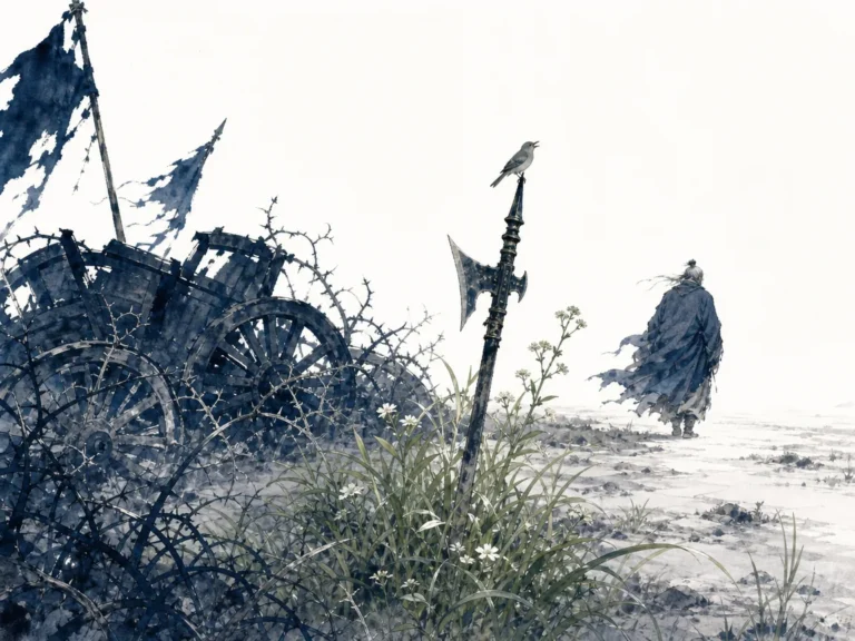 Desolate plain where overgrown brambles and wild thistles sprout among weathered forgotten stones in somber expressive monochrome wash, illustrating moderating aggression and recognizing the bitter aftermath of forceful conquest on ChiDestiny
