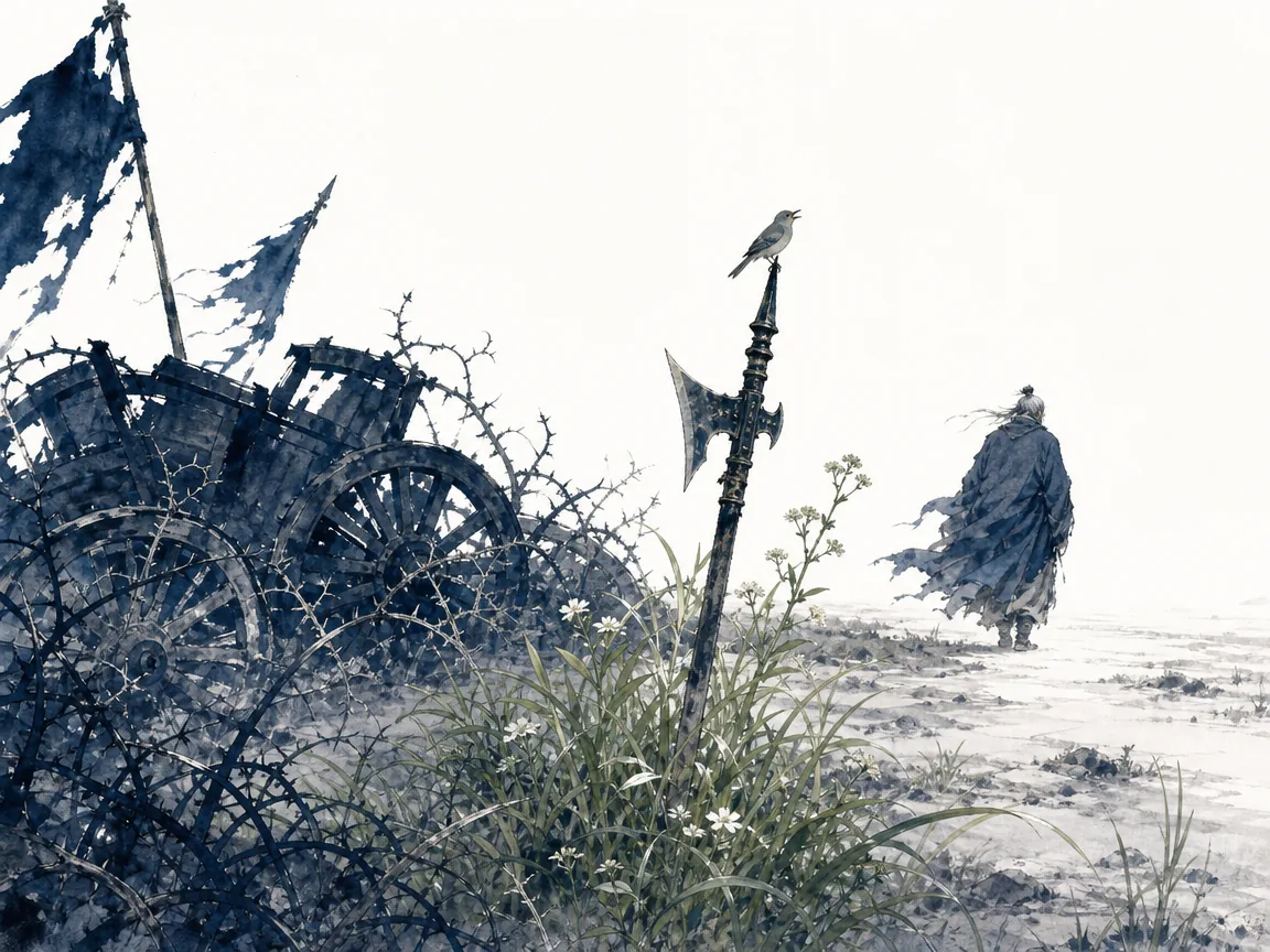 Desolate plain where overgrown brambles and wild thistles sprout among weathered forgotten stones in somber expressive monochrome wash, illustrating moderating aggression and recognizing the bitter aftermath of forceful conquest on ChiDestiny