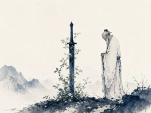 Sheathed ceremonial sword laid reverently beside incense burner and falling white plum blossoms in solemn contemplative Chinese ink painting, illustrating regarding weapons as tools of misfortune to be used only with sorrow on ChiDestiny