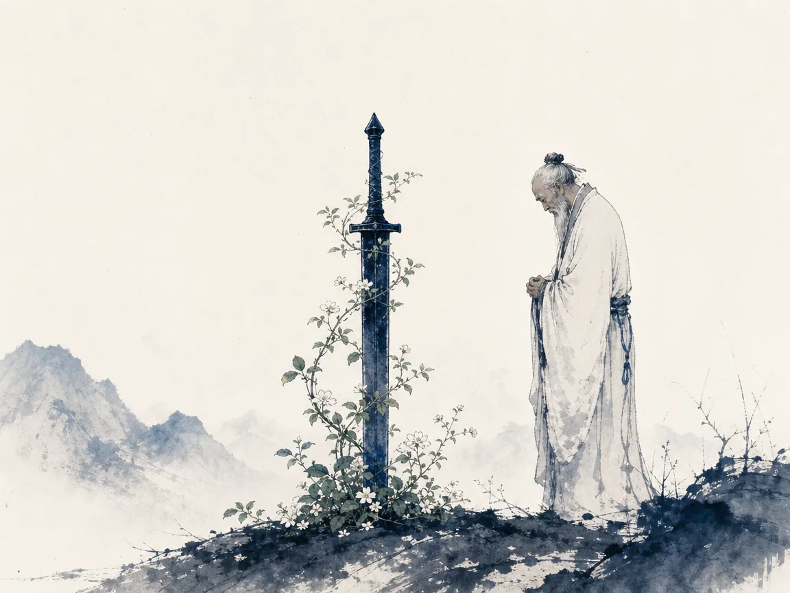 Sheathed ceremonial sword laid reverently beside incense burner and falling white plum blossoms in solemn contemplative Chinese ink painting, illustrating regarding weapons as tools of misfortune to be used only with sorrow on ChiDestiny
