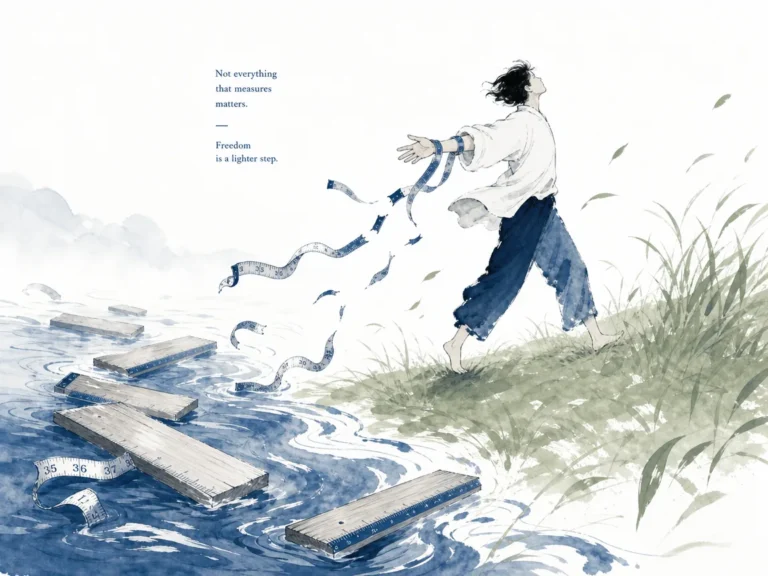Measuring ruler broken in two beside blossoming peach branch on open grassy meadow in whimsical yet deep Chinese ink cartoon style, illustrating freeing oneself from quantitative obsession through uncarved simplicity on ChiDestiny