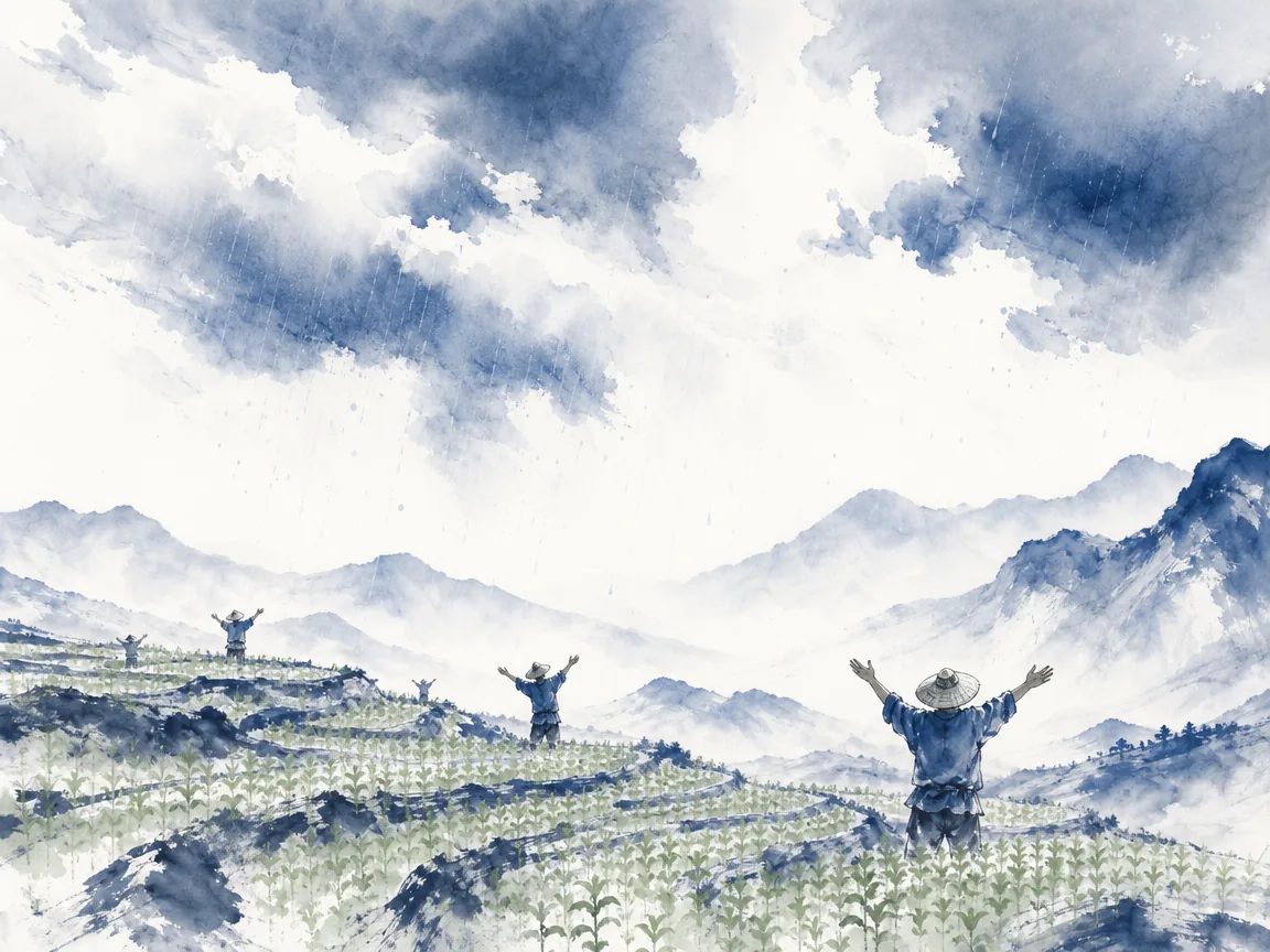 Fresh morning sweet dew glistening on unshaped timber atop high misty mountain terrace in delicate ink wash with shimmering atmospheric moisture, illustrating the humble uncarved block that heaven and earth obey with sweet dew on ChiDestiny