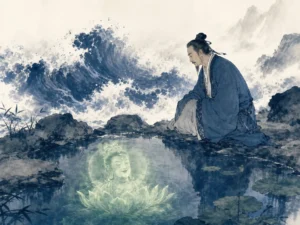 Scholar gazing quietly into a clear reflective pool surrounded by ancient moss-covered rocks in introspective literati ink portrait with calm waters, illustrating knowing others is wisdom; knowing oneself is true enlightenment on ChiDestiny