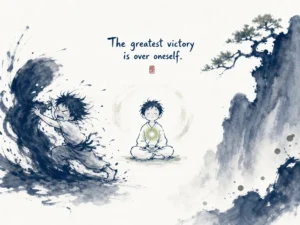 Warrior looking into mountain spring and smiling at his own calm, unarmored reflection in introspective literati ink portrait, illustrating self-mastery and self-knowledge as supreme power on ChiDestiny