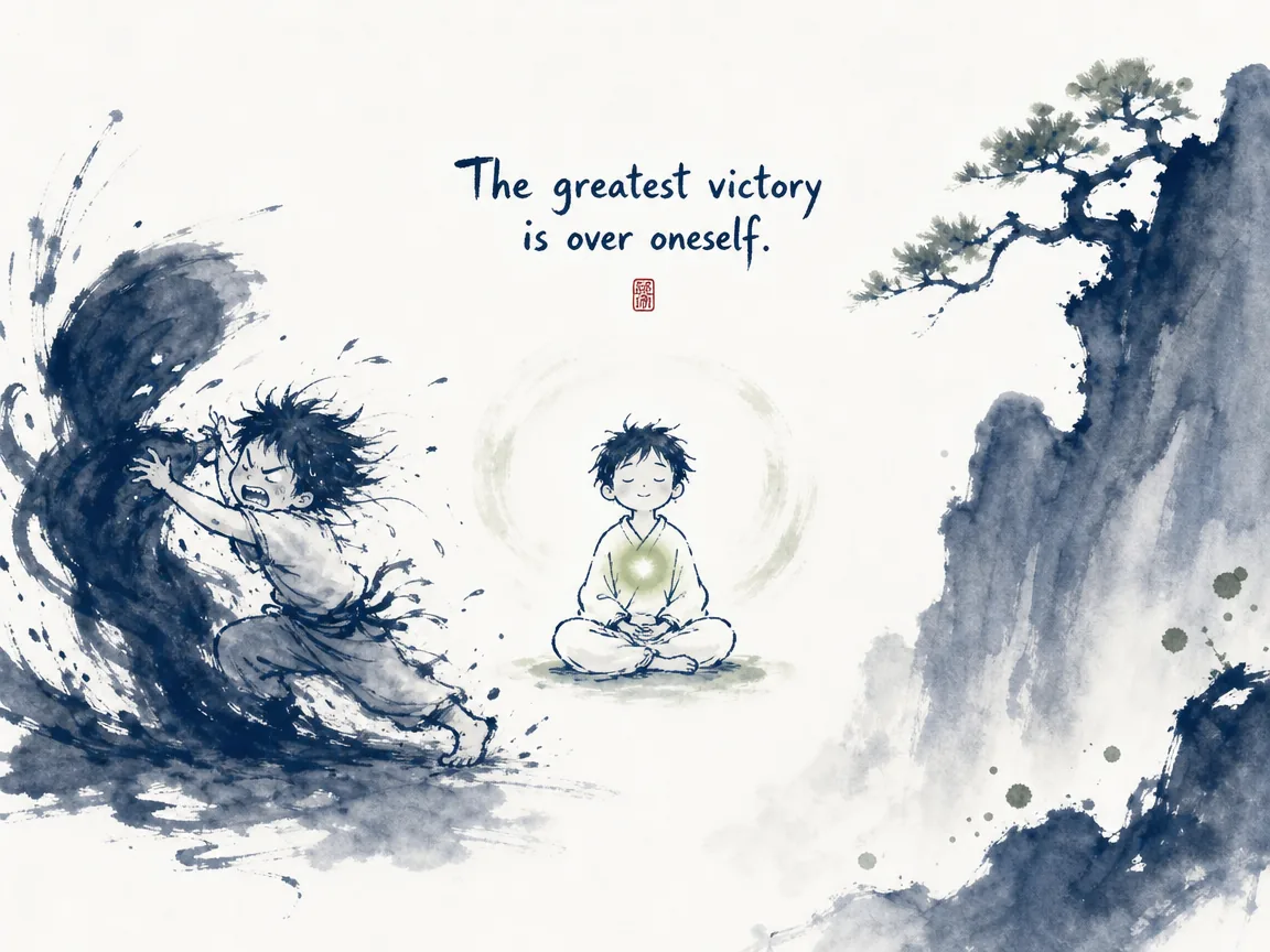 Warrior looking into mountain spring and smiling at his own calm, unarmored reflection in introspective literati ink portrait, illustrating self-mastery and self-knowledge as supreme power on ChiDestiny