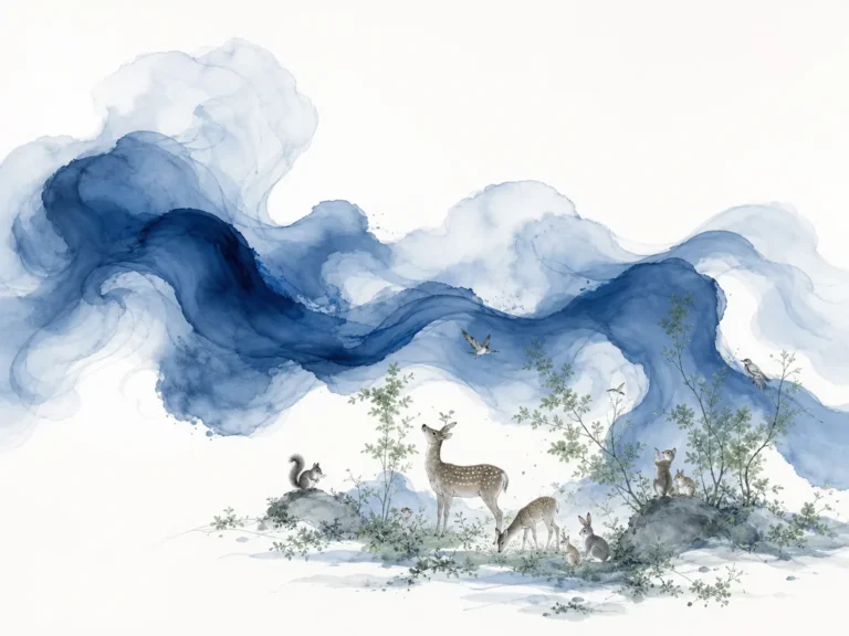 Expansive river winding through fertile plains watering endless crops without demanding praise in sweeping panoramic ink landscape, illustrating the boundless Tao drifting everywhere, clothing all creation without playing the master on ChiDestiny
