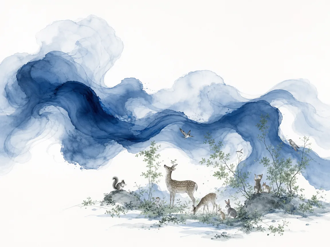 Expansive river winding through fertile plains watering endless crops without demanding praise in sweeping panoramic ink landscape, illustrating the boundless Tao drifting everywhere, clothing all creation without playing the master on ChiDestiny
